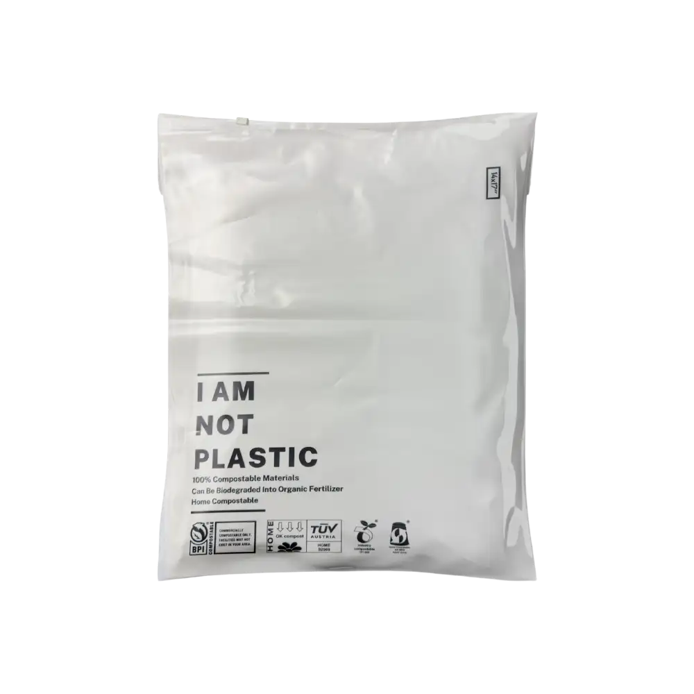 White compostable bag with text on a white background